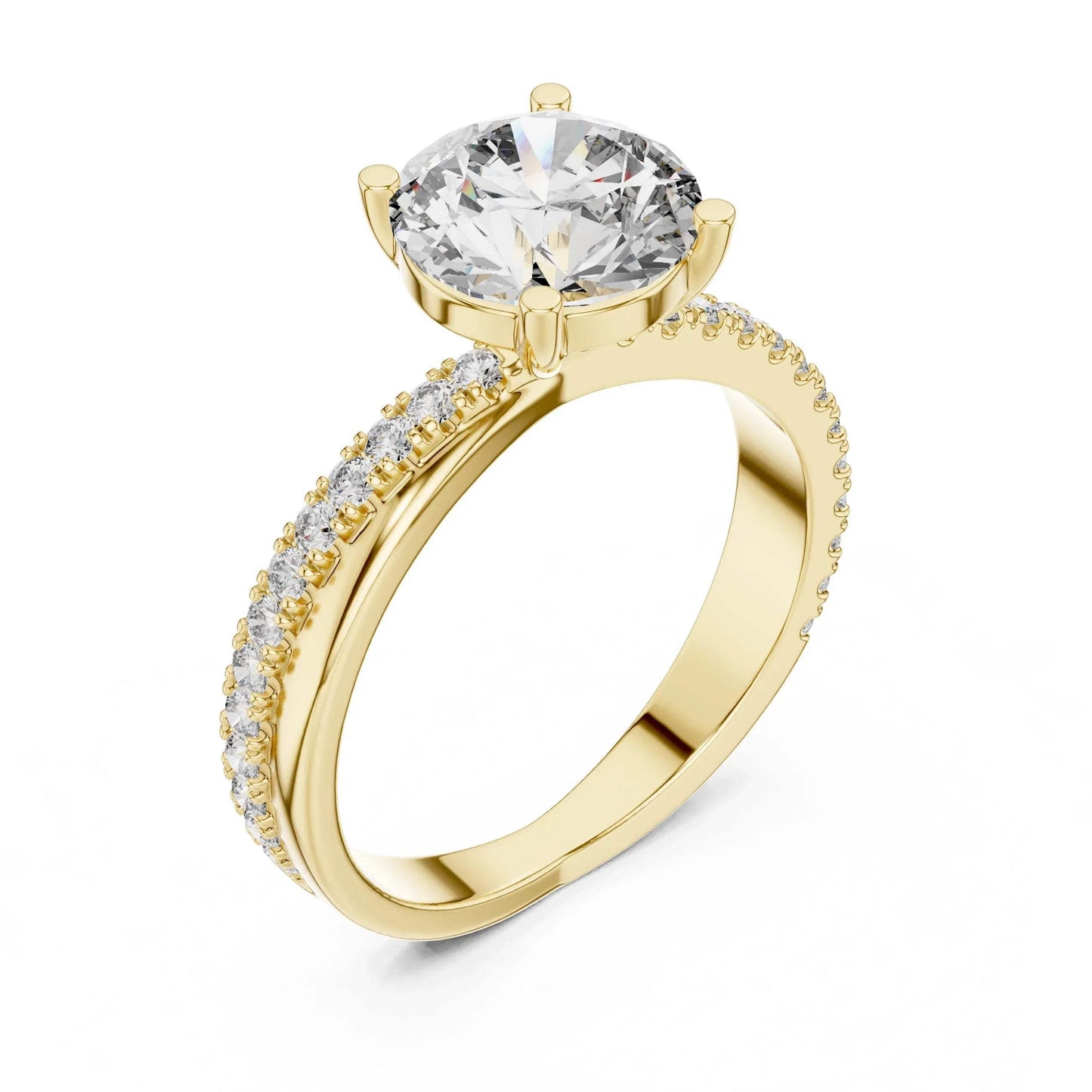 Yellow gold ring with a large real diamond and smaller real diamonds on the band against a white background