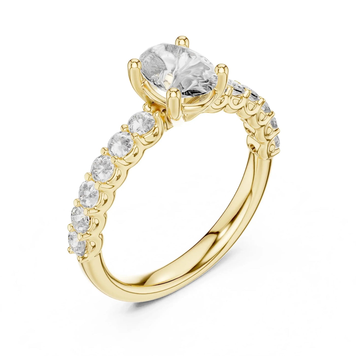 Yellow gold ring with a central real diamond and smaller real diamonds on the band against a white background