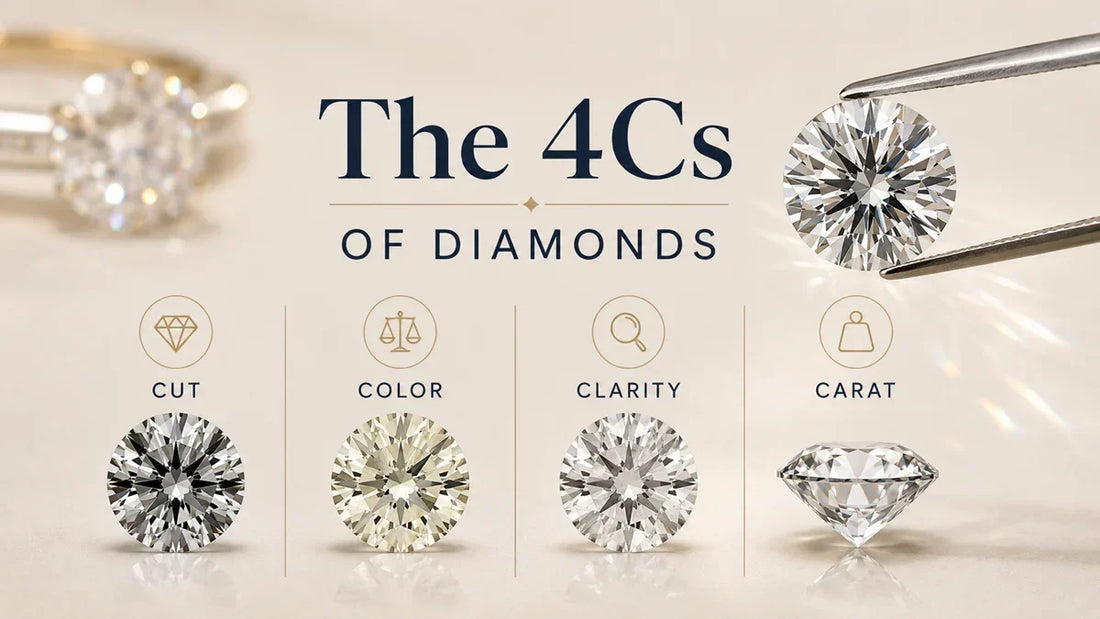 Diagram of the 4Cs of diamonds with diamond illustrations on a beige background.