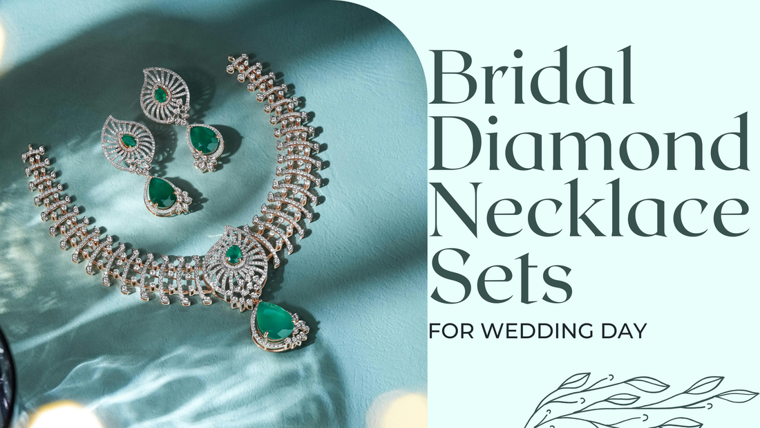 Alt text: "Bridal diamond necklace and earring set with green gemstones, displayed on a light blue background with text 'Bridal Diamond Necklace Sets for Wedding Day'.