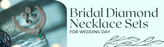 Bridal diamond necklace and earring set with green gemstones, displayed on a light blue background with text 'Bridal Diamond Necklace Sets for Wedding Day'.