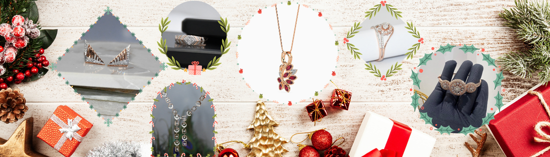 Collage of Christmas-themed jewelry and gift items on a wooden surface.