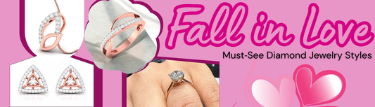 Rose gold diamond pendant, ring, earrings, and solitaire engagement ring with text 'Fall in Love – Must-See Diamond Jewelry Styles'.