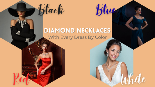 Diamond necklaces paired with elegant dresses in black, blue, red, and white, each showcasing a matching jewelry style.