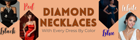 Diamond necklaces paired with elegant dresses in black, blue, red, and white, each showcasing a matching jewelry style.