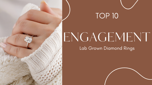 Close-up of a hand wearing a lab-grown diamond engagement ring with text 'Top 10 Engagement Lab Grown Diamond Rings'.