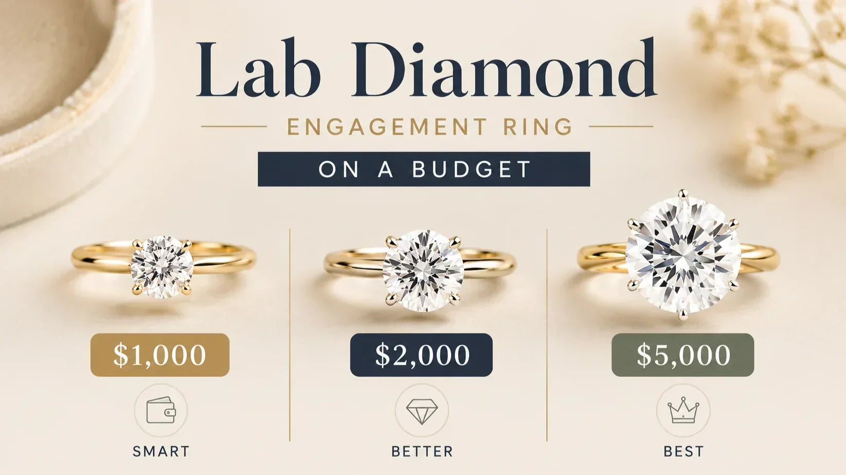Luxury lab diamond engagement rings in yellow gold showing budget options from $1,000 to $5,000 on a clean beige background.
