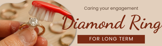 Person cleaning a diamond engagement ring with a toothbrush and soap, showing proper jewelry care with text reading 'Caring your engagement diamond ring for long term'