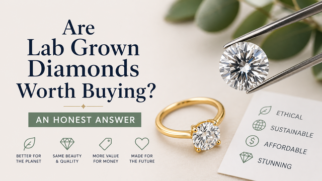 Advertisement about lab-grown diamonds with text and jewelry on a light background