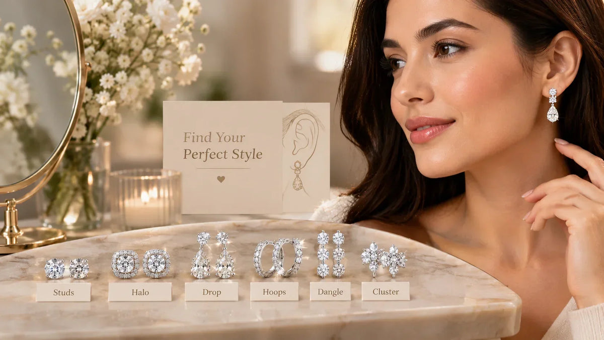 A woman wearing a dangling diamond earring looks to the side while jewelry displays on a marble tray show various earring styles labeled Studs, Halo, Drop, Hoops, Dangle, and Cluster. A card reading 'Find Your Perfect Style' is visible in the background.