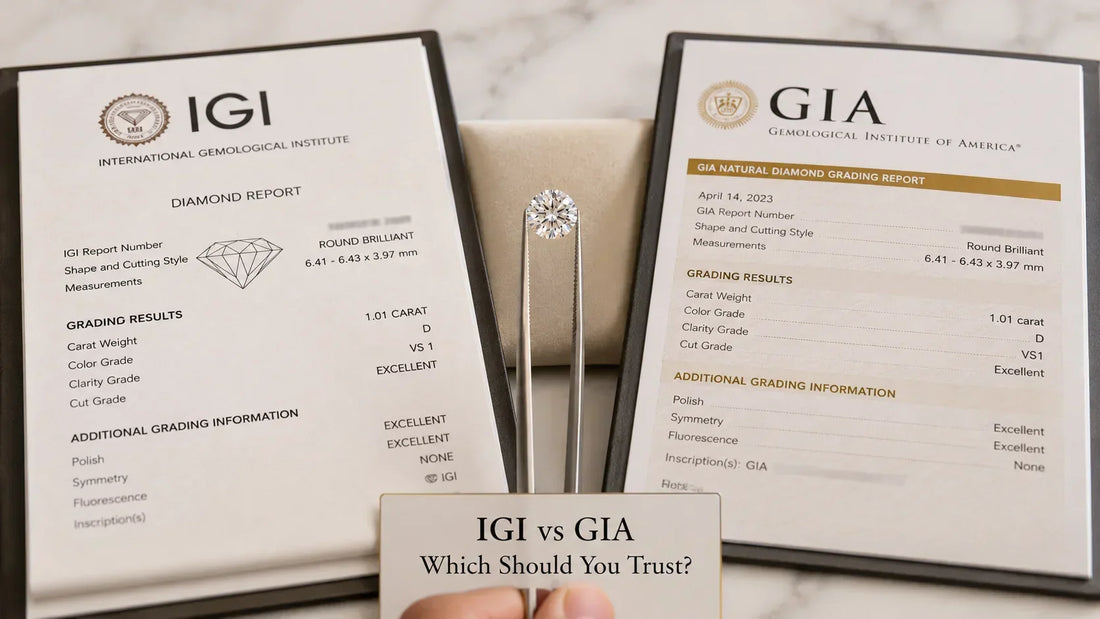 Two gemological certification reports, one from IGI and one from GIA, shown side by side in black frames on a marble surface, with a small diamond ring in the center and a card reading 'IGI vs GIA Which Should You Trust?' at the bottom.