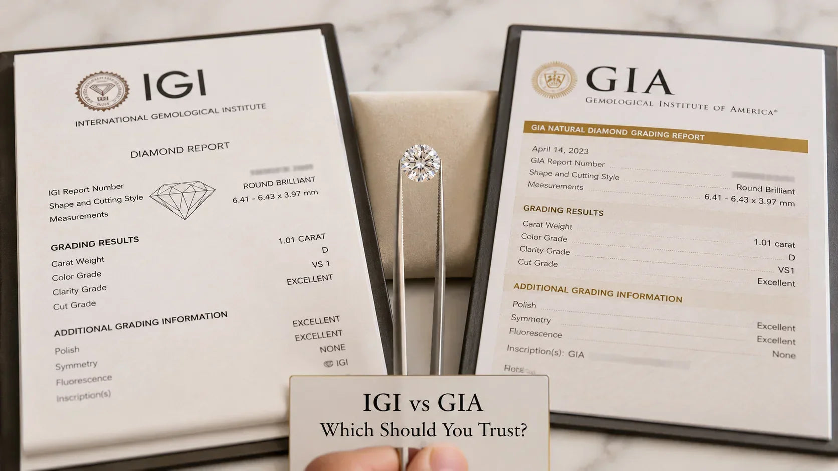 Two gemological certification reports, one from IGI and one from GIA, shown side by side in black frames on a marble surface, with a small diamond ring in the center and a card reading 'IGI vs GIA Which Should You Trust?' at the bottom.