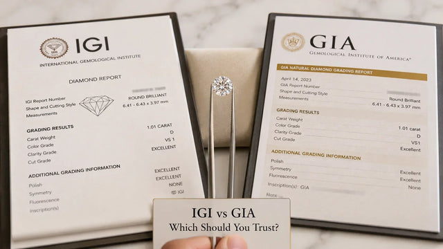 Two gemological certification reports, one from IGI and one from GIA, shown side by side in black frames on a marble surface, with a small diamond ring in the center and a card reading 'IGI vs GIA Which Should You Trust?' at the bottom.