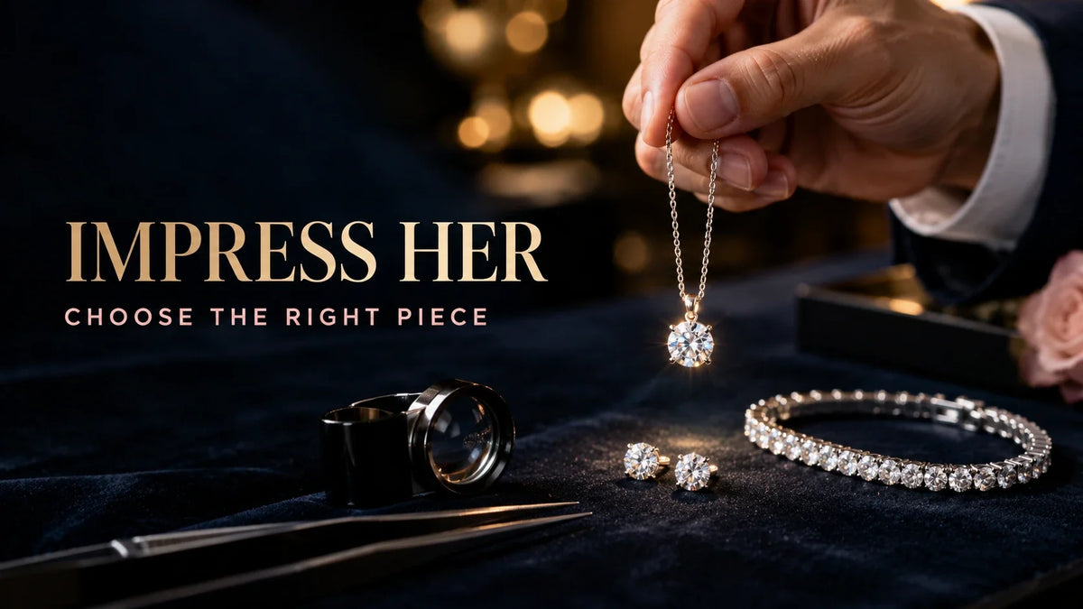 A hand holds a sparkling diamond pendant necklace above a matching diamond bracelet on a dark velvet surface, with a loupe and tweezers nearby and the text 'IMPRESS HER' on the left.