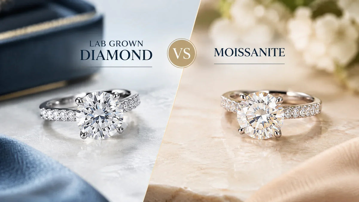 A split comparison graphic showing two engagement rings: a lab-grown diamond ring on a cool-toned left side and a moissanite ring on a warm-toned right side, with text reading 'LAB GROWN DIAMOND VS MOISSANITE'.