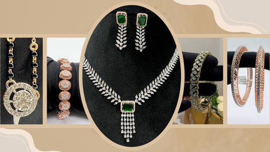 Collage of latest diamond jewelry trends featuring a diamond mangalsutra pendant, diamond bracelet, emerald and diamond necklace set with matching earrings, diamond-studded bangles, and rose gold diamond bangles.