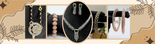 Collage of latest diamond jewelry trends featuring a diamond mangalsutra pendant, diamond bracelet, emerald and diamond necklace set with matching earrings, diamond-studded bangles, and rose gold diamond bangles.