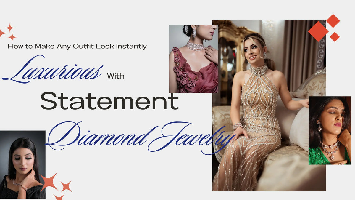 Promotional graphic with the text 'How to Make Any Outfit Look Instantly Luxurious With Statement Diamond Jewelry' and several inset photos of women wearing ornate jewelry and formal outfits.