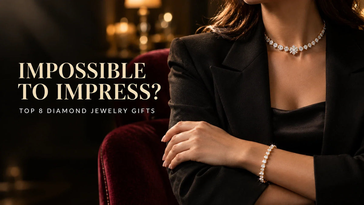 A woman in a black blazer wearing a diamond necklace and bracelet, seated in a dark red velvet chair with warm blurred background lights. Large text on the left reads, 'IMPOSSIBLE TO IMPRESS? TOP 8 DIAMOND JEWELRY GIFTS'.