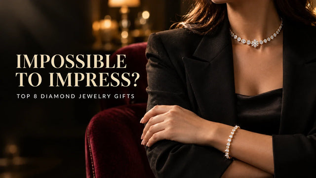 A woman in a black blazer wearing a diamond necklace and bracelet, seated in a dark red velvet chair with warm blurred background lights. Large text on the left reads, 'IMPOSSIBLE TO IMPRESS? TOP 8 DIAMOND JEWELRY GIFTS'.