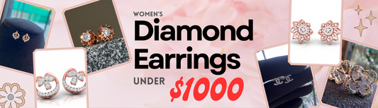 Women’s diamond earrings under $1000 – stylish collection of floral, stud, and modern designs in rose gold and white gold settings, showcasing elegant and affordable diamond jewelry for women.