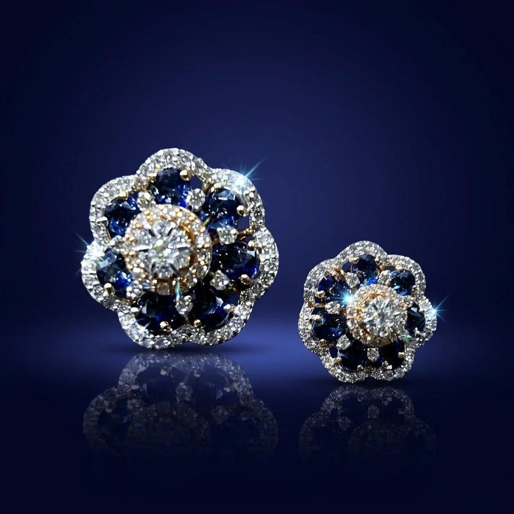 Pair of floral earrings with blue stones, diamonds and gold accents on a dark background