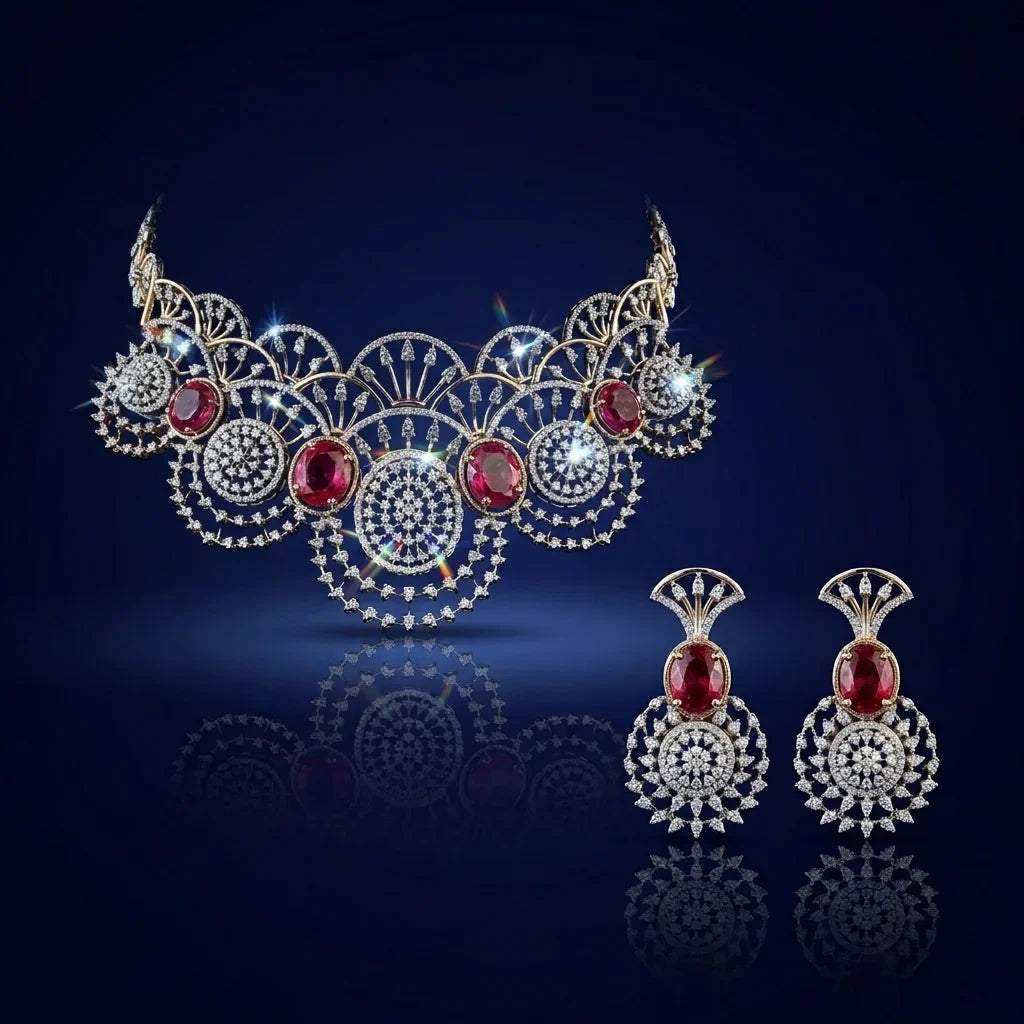 Jewelry set with necklace and earrings on a dark blue background