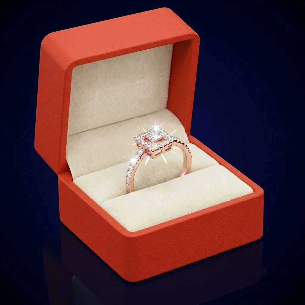 Rose gold ring with diamonds in an open red jewelry box on a dark background
