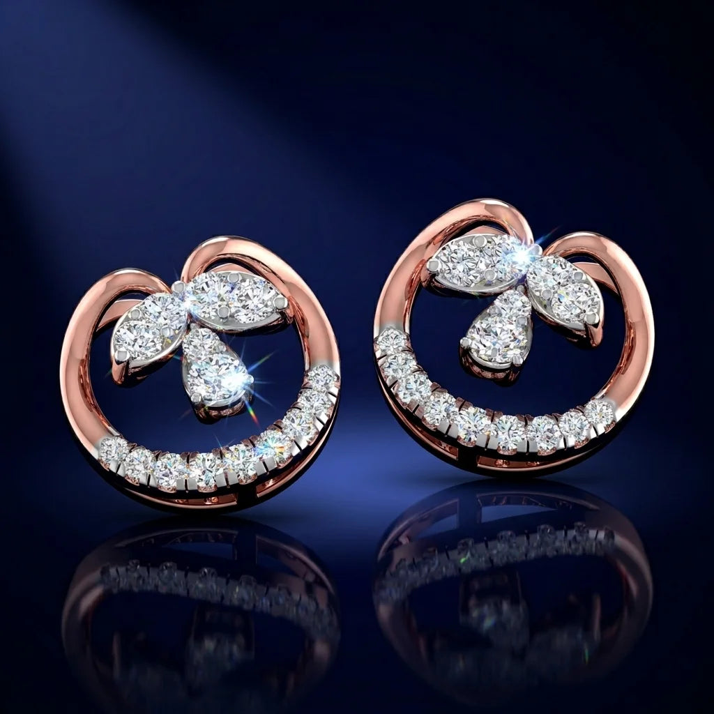 Rose gold earrings with diamond accents on a dark background