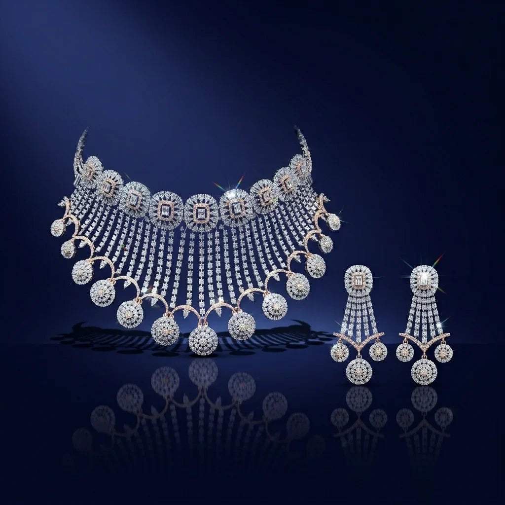 Diamond necklace and earrings on a dark blue background