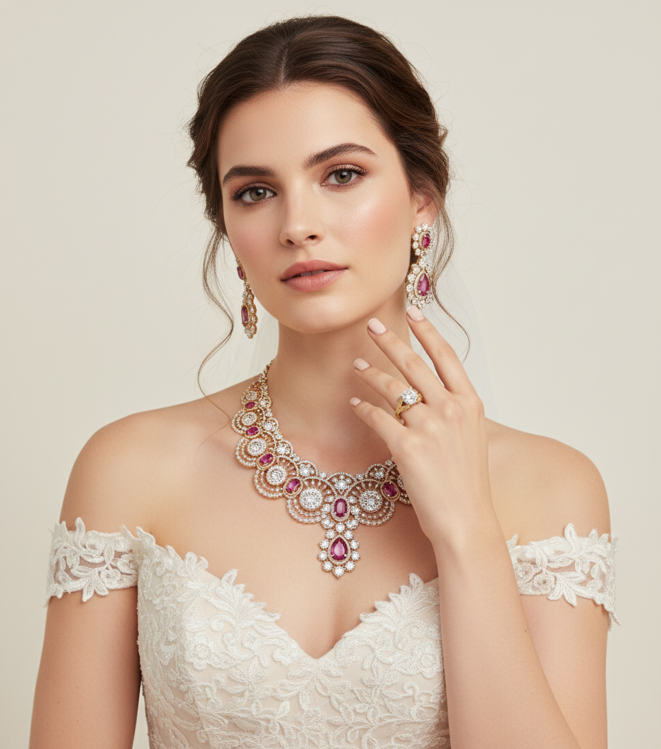 A bride wearing a necklace, earrings, and ring on a plain background