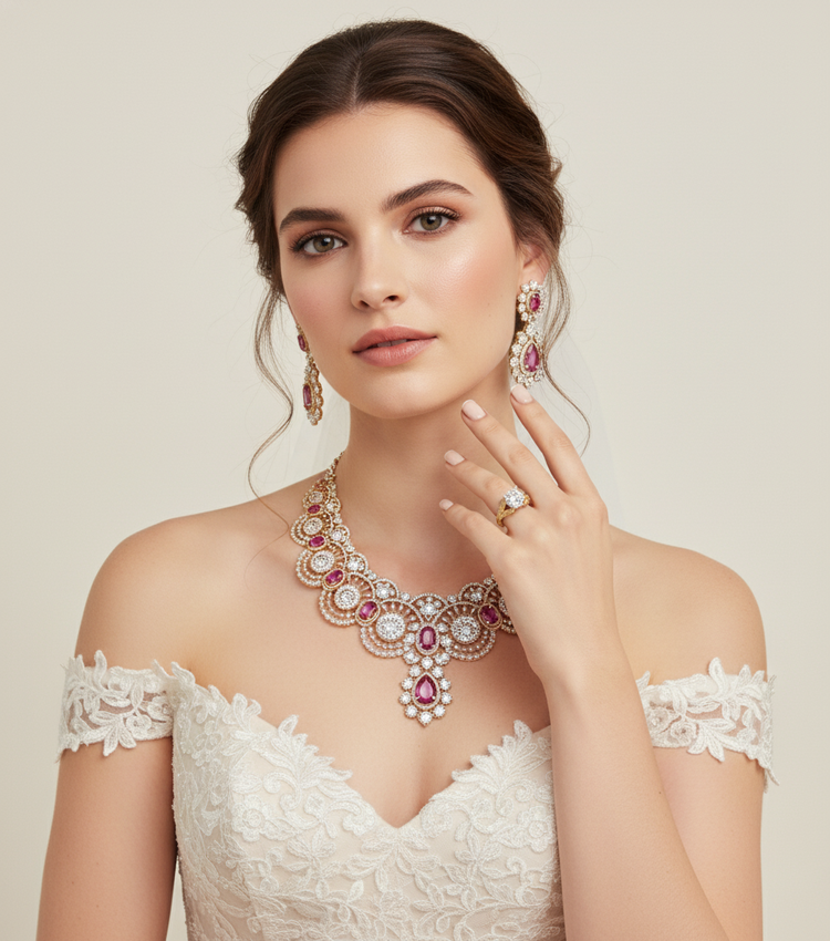 A bride wearing a necklace, earrings, and ring on a plain background