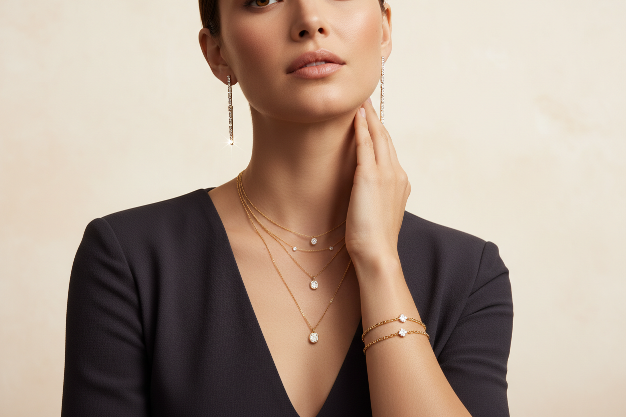 Woman wearing gold jewelry including earrings, necklaces, and a bracelet on a beige background