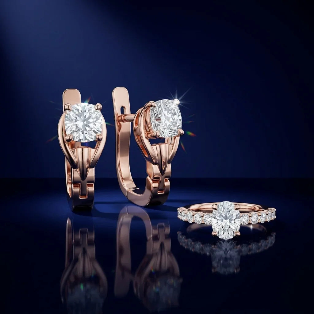 Rose gold diamond earrings and ring on a reflective dark surface with a blue gradient background