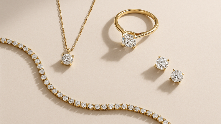 Gold and diamond jewelry set with necklace, ring, and earrings on a beige background