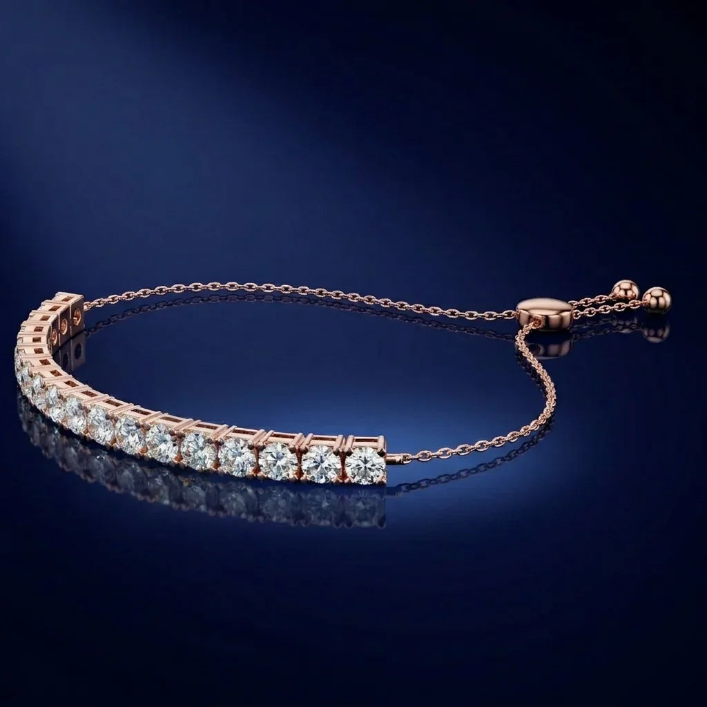 Rose gold bracelet with diamonds on a dark blue background