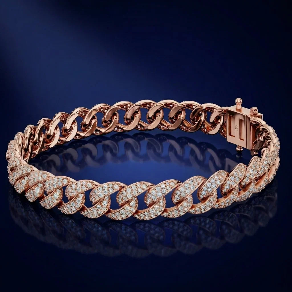 Rose gold bracelet with diamond accents on a dark blue background