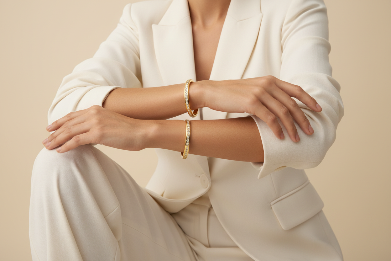 Person wearing a white suit with gold bangles on a beige background.