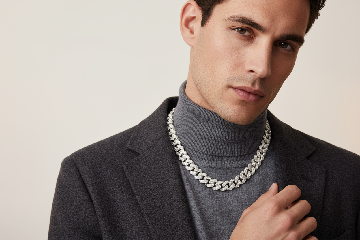 Man wearing a gray turtleneck and dark blazer with a white gold and diamond cuban chain necklace against a plain background