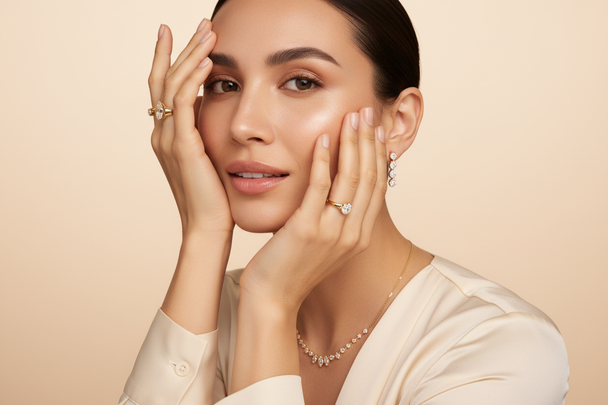 Woman wearing lab grown diamond jewelry on a beige background