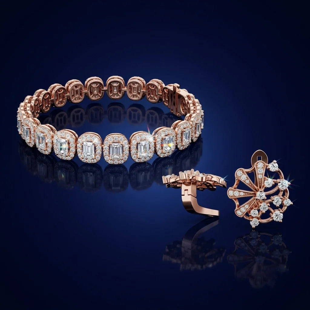Rose gold bracelet and earrings on a dark blue background