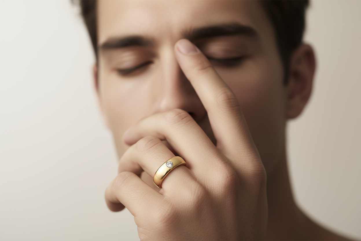 Close-up of a hand with a gold diamond ring on a neutral background