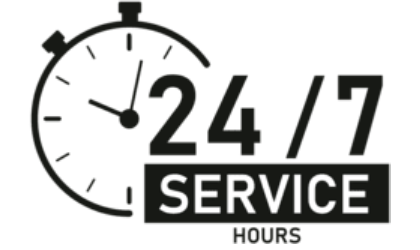 Logo with a clock and '24/7 Service Hours' text on a white background