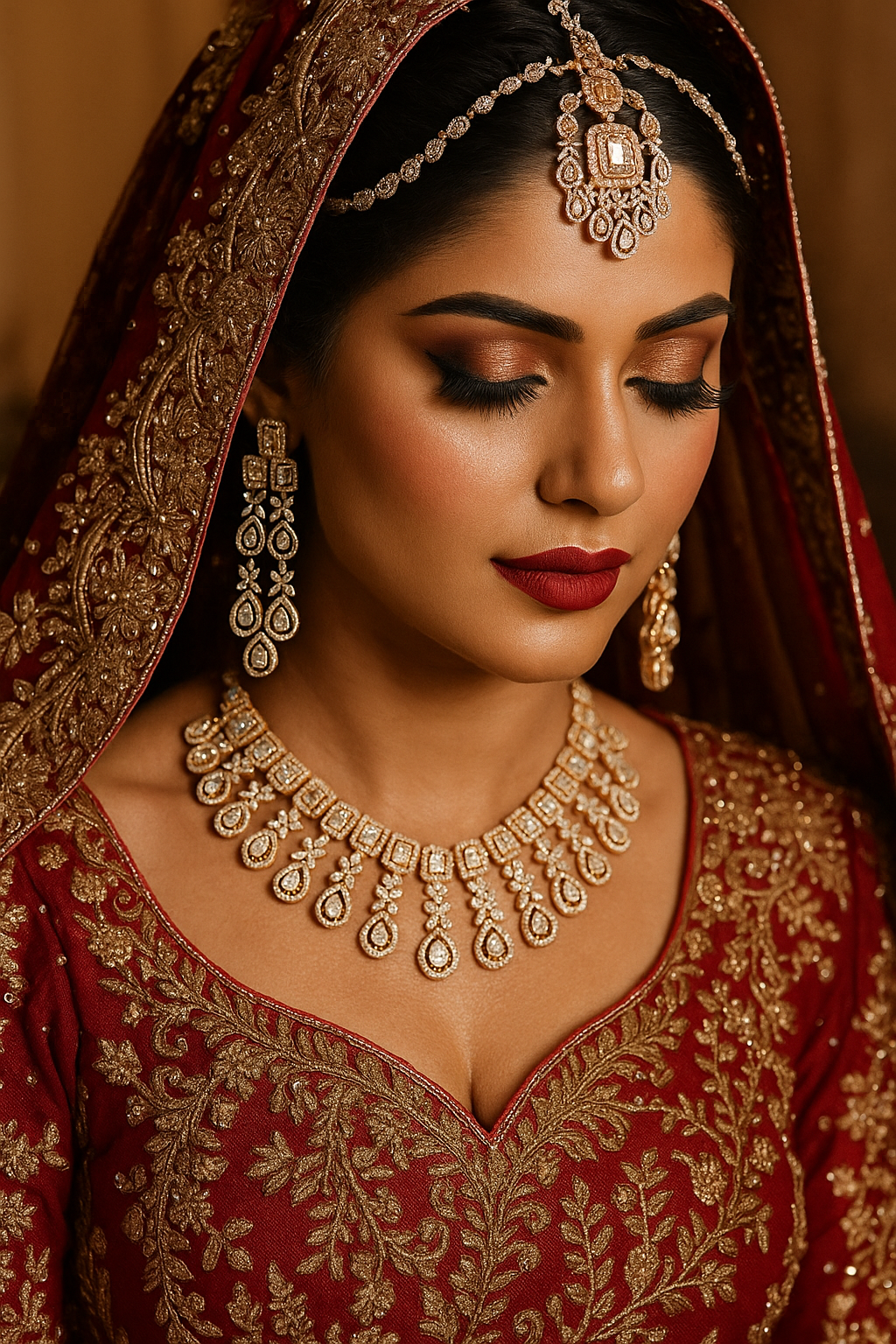 Woman wearing traditional jewelry and a red and gold embroidered outfit.