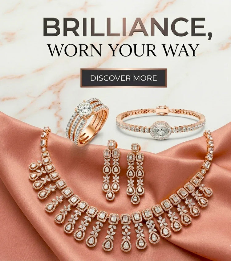 Rose gold jewelry set including necklace, earrings, and bracelet on a marble surface with 'Brilliance, Worn Your Way' text.