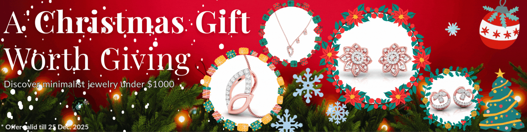 Christmas-themed jewelry gift banner featuring minimalist diamond and rose-gold pieces framed in festive wreaths, with text promoting minimalst jewelry under $1000.