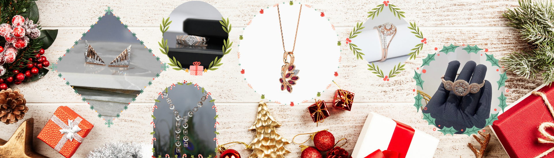 Collage of Christmas-themed jewelry and gift items on a wooden surface.