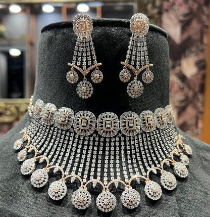 Gold Diamond Necklace Chokar Set with Earrings for Wedding
