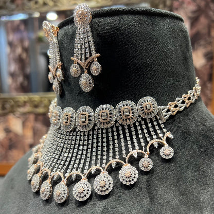 Gold Diamond Necklace Chokar Set with Earrings for Wedding