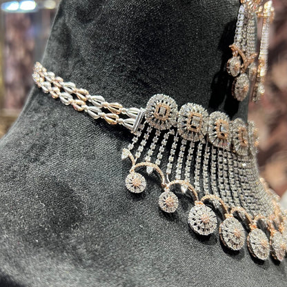 Gold Diamond Necklace Chokar Set with Earrings for Wedding